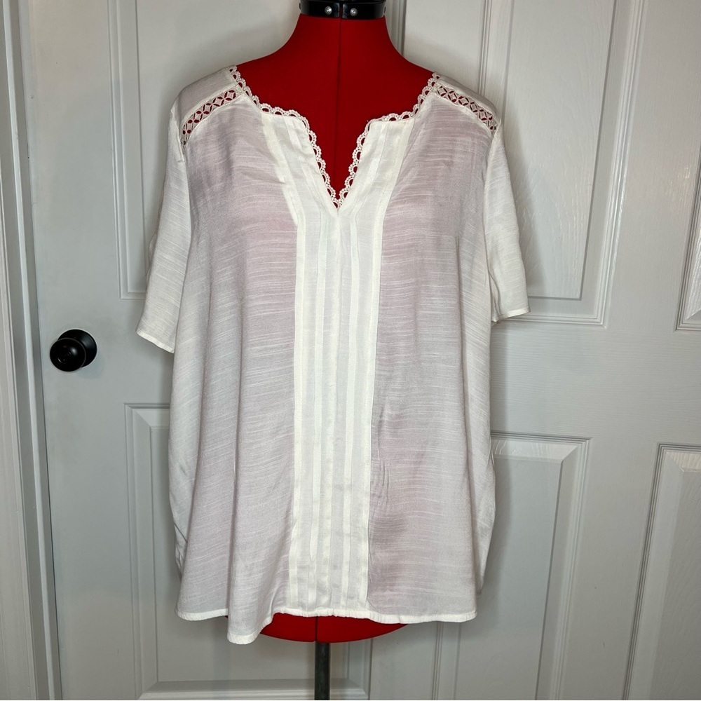perch by Blu Pepper Short Sleeve Crochet Trim Lightweight Top Ivory Women 2XL.